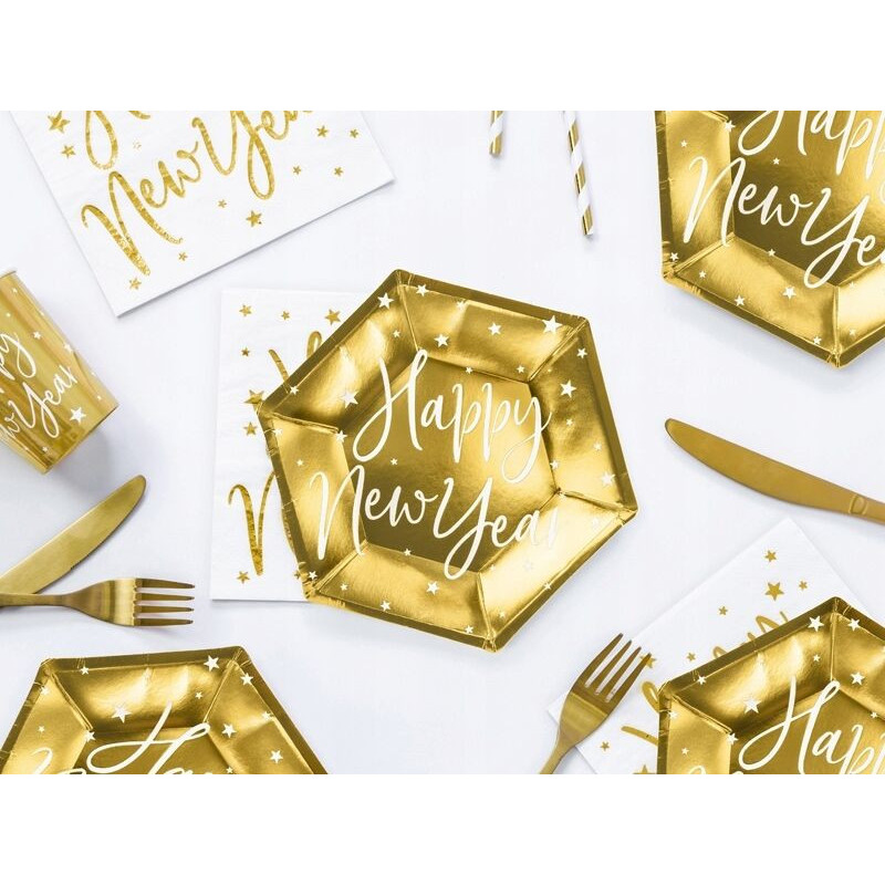 6 pratos Happy New Year, gold, 20cm