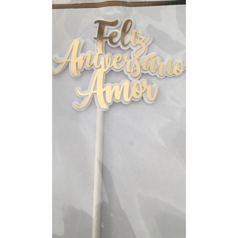 Topo de bolo dourado Feliz Aniversário Amor