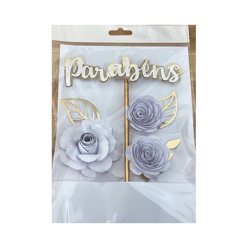 Topo de bolo flores branco e dourado
