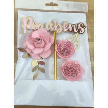 Topo de bolo flores rosa e dourado