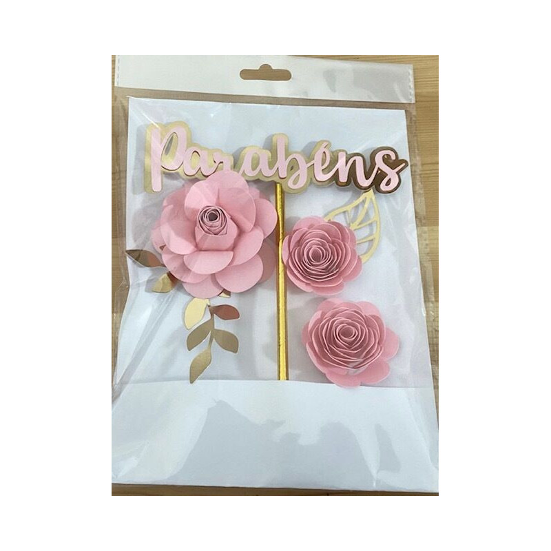 Topo de bolo flores rosa e dourado