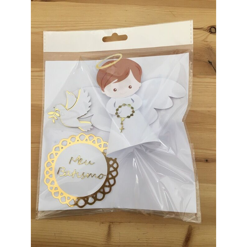 Topo de bolo batizado branco menino