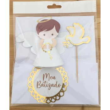 Topo de bolo Batizado branco menino