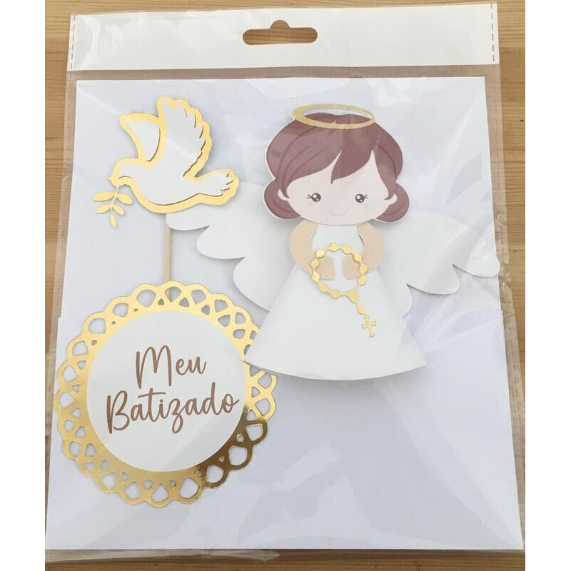 Topo de bolo batizado branco menina