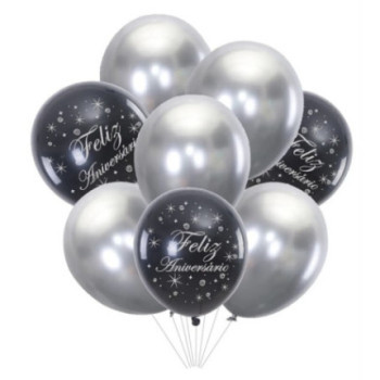 Kit de balões latex 30cm - 12” preto e prata feliz aniversário- 8 peças