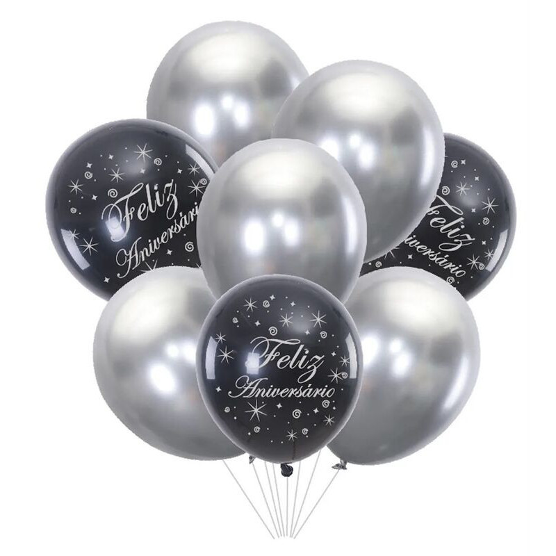 Kit de balões latex 30cm - 12” preto e prata feliz aniversário- 8 peças