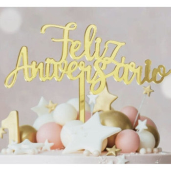 Topo de bolo acrílico feliz aniversário 13cm dourado