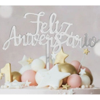 Topo de bolo acrílico Feliz Aniversário prateado 13cm