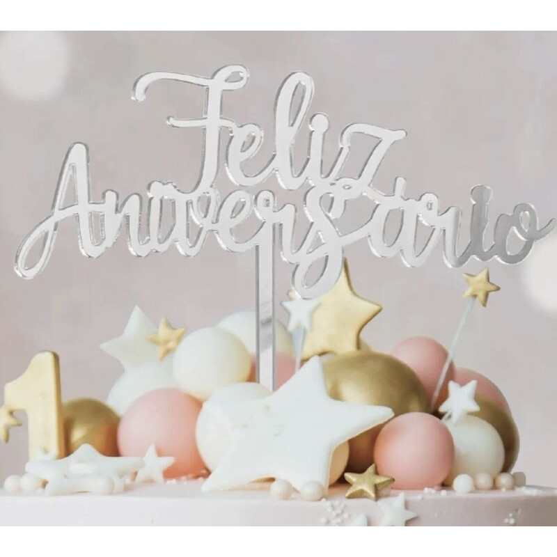 Topo de bolo acrílico Feliz Aniversário prateado 13cm