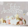 Topo de bolo acrílico Feliz Aniversário prateado 13cm