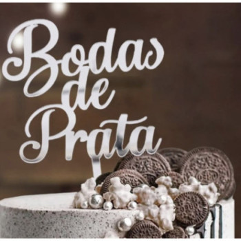 Topo de bolo Bodas de Prata prateado 16,7cm