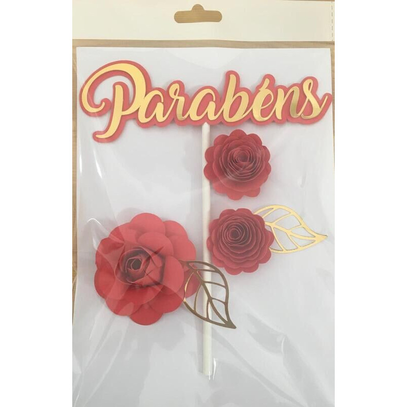 Topo de bolo flores vermelho e dourado