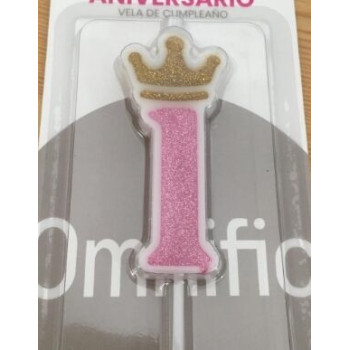 vela de aniversário rosa coroa ouro 6cm Nº 1